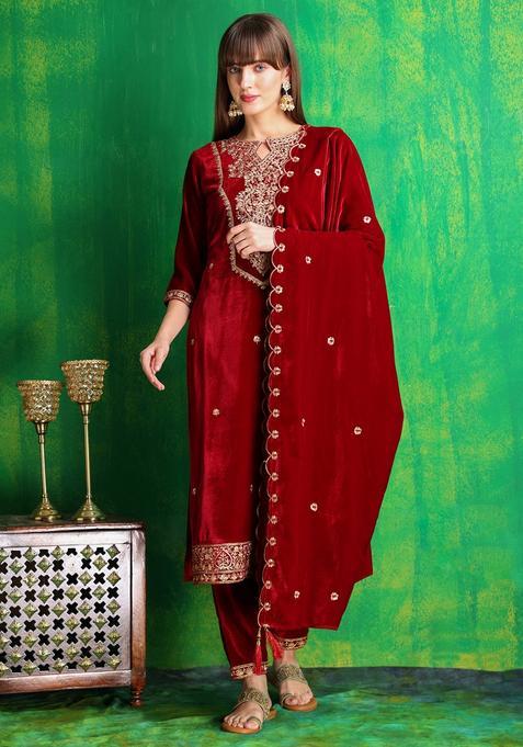 Maroon Embroidery Velvet Kurta Set