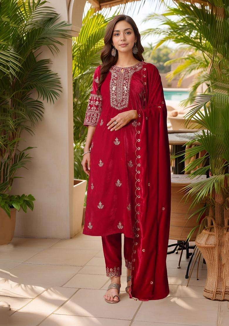 Pink Embroidered Velvet Straight Kurta Set - Indya