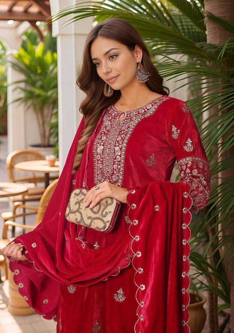Pink Embroidered Velvet Straight Kurta Set - Indya