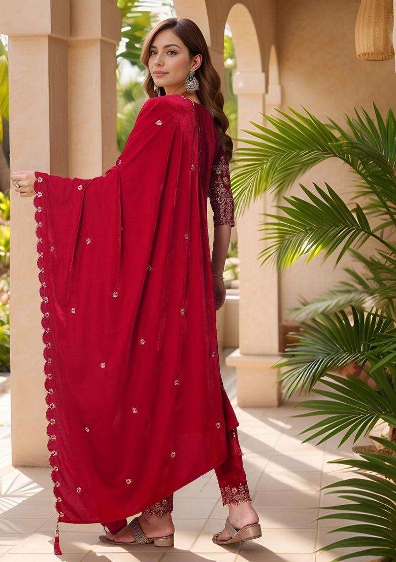 Pink Embroidered Velvet Straight Kurta Set - Indya