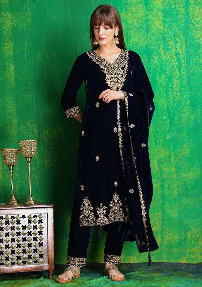 Navy Blue Embroidered Velvet Straight Kurta Set - Indya