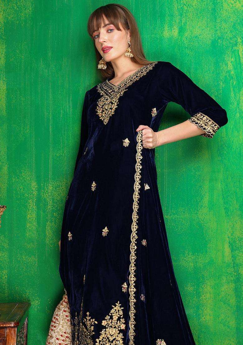 Navy Blue Embroidered Velvet Straight Kurta Set - Indya