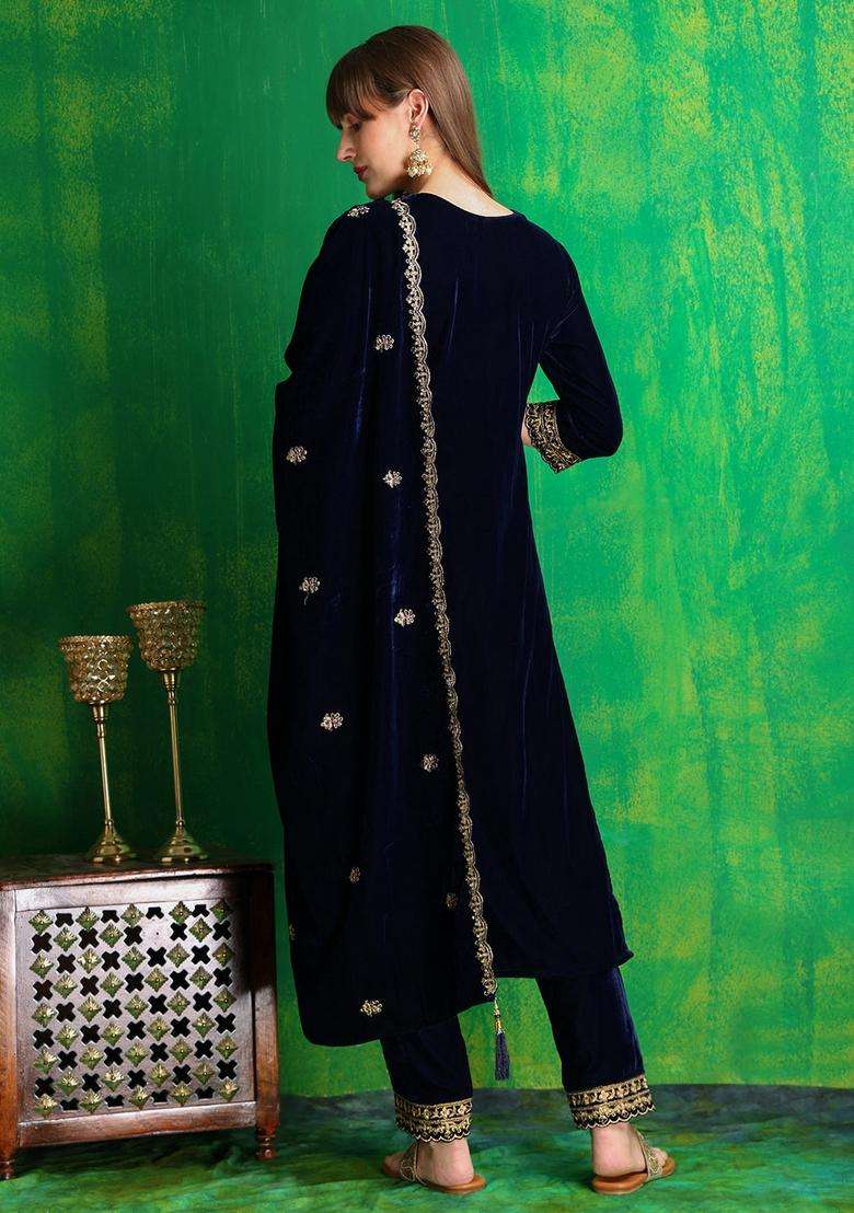 Navy Blue Embroidered Velvet Straight Kurta Set - Indya