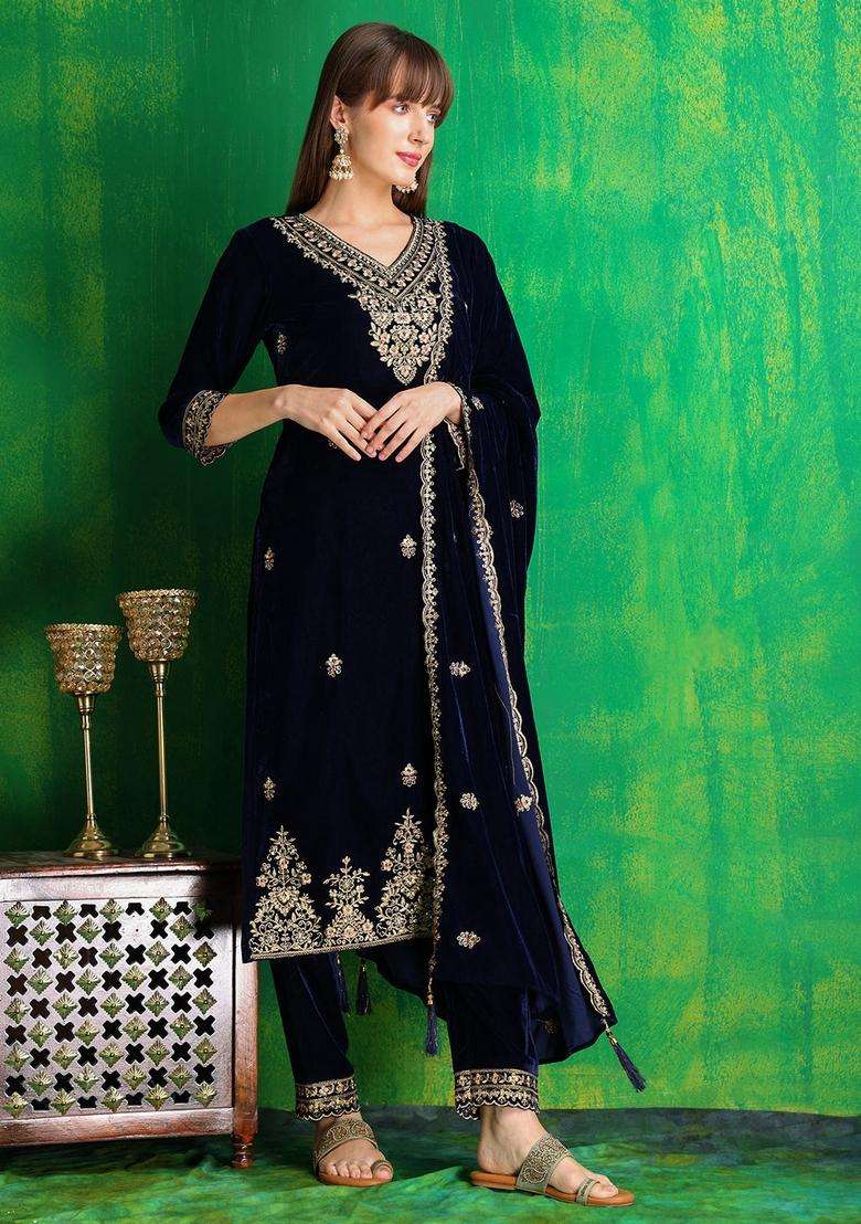 Navy Blue Embroidered Velvet Straight Kurta Set - Indya