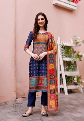 Multicolor Printed Rayon Straight Kurta Set