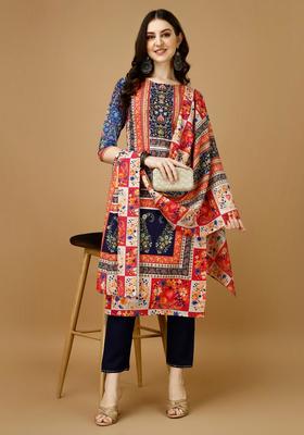 Multicolor Printed Rayon Straight Kurta Set