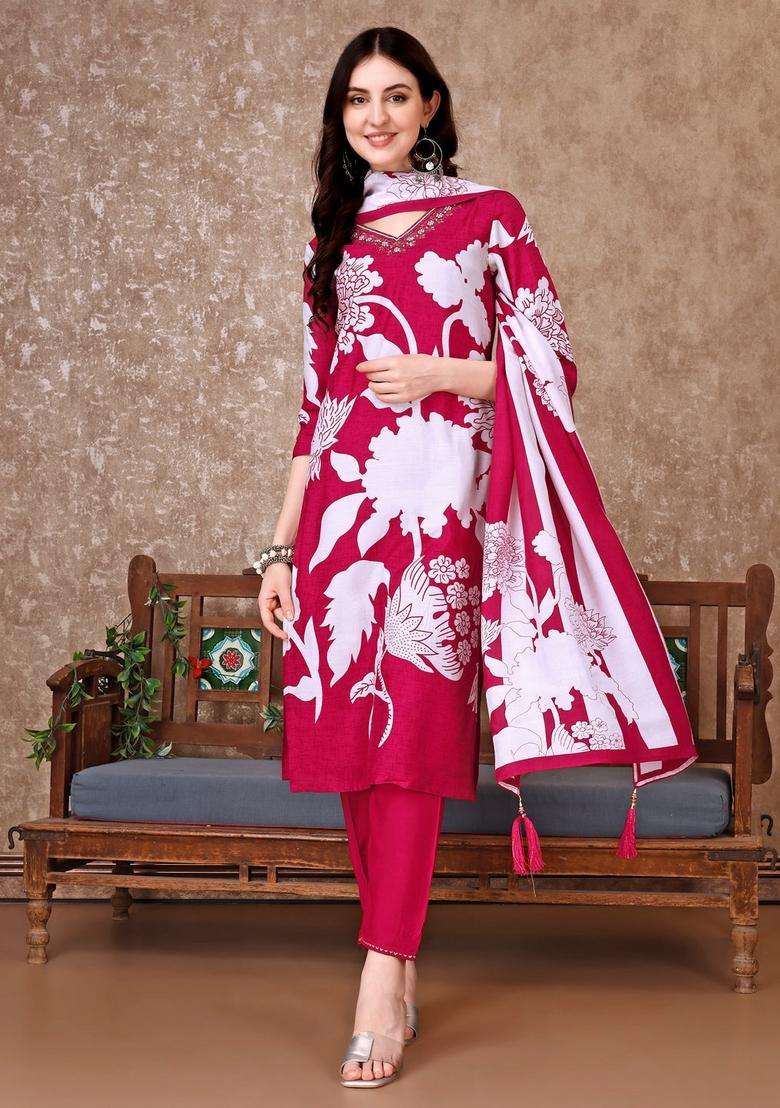 Pink Floral Print Silk Straight Kurta Set - Indya
