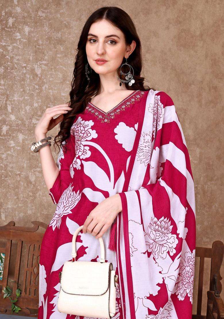 Pink Floral Print Silk Straight Kurta Set - Indya