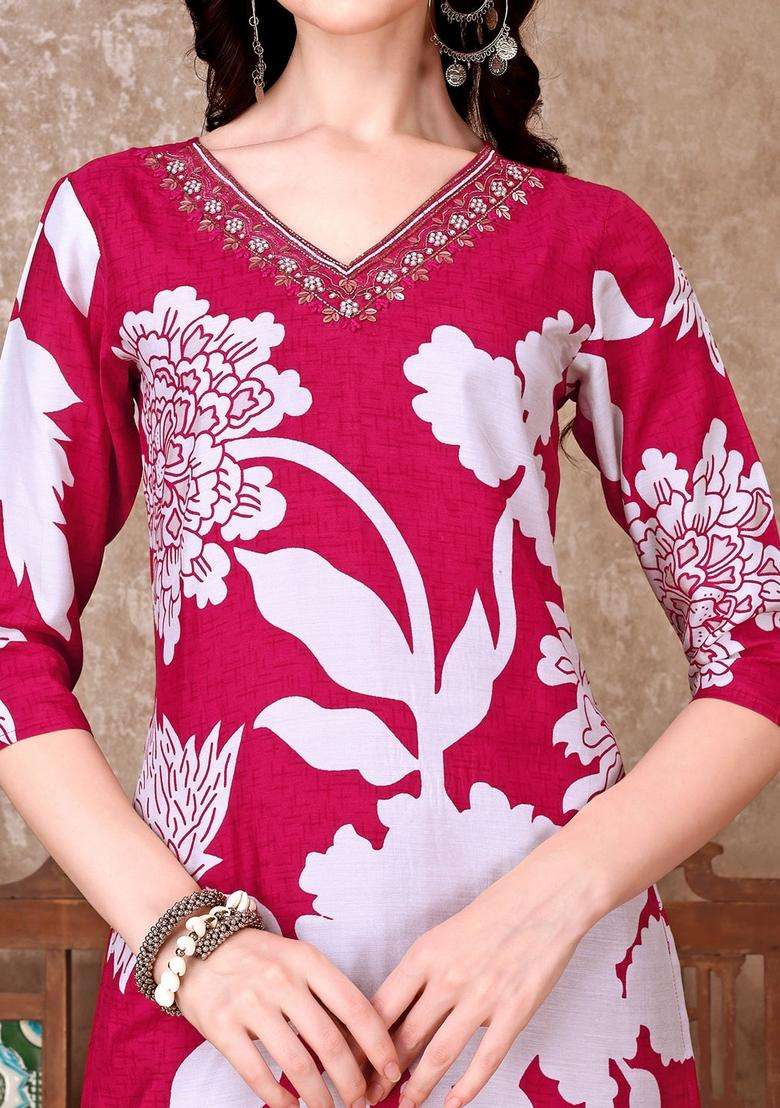 Pink Floral Print Silk Straight Kurta Set - Indya