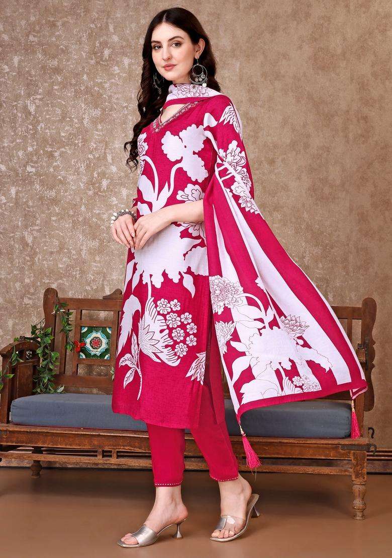 Pink Floral Print Silk Straight Kurta Set - Indya