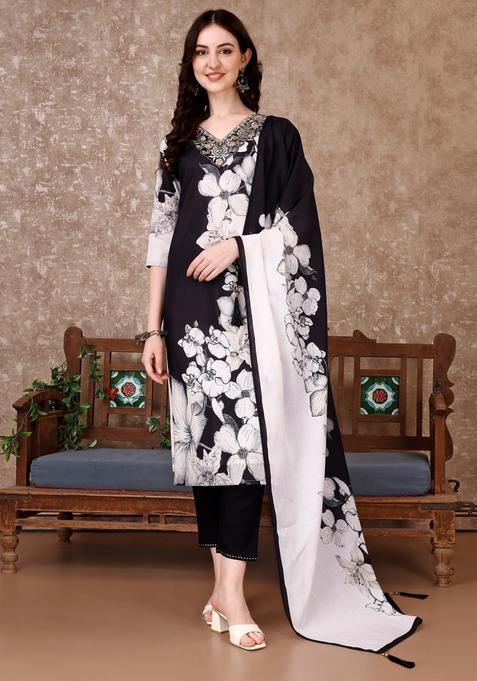 Black Embroidery Cotton Kurta Set