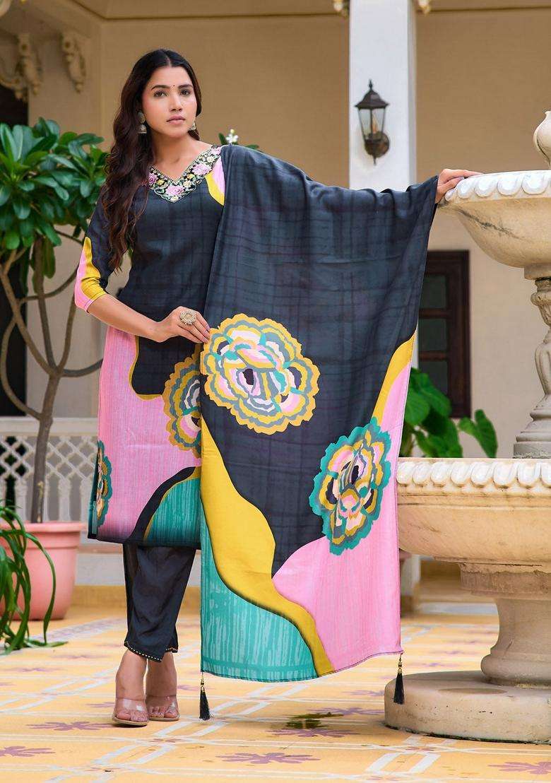 Lavender Printed Cotton Straight Kurta Set - Indya