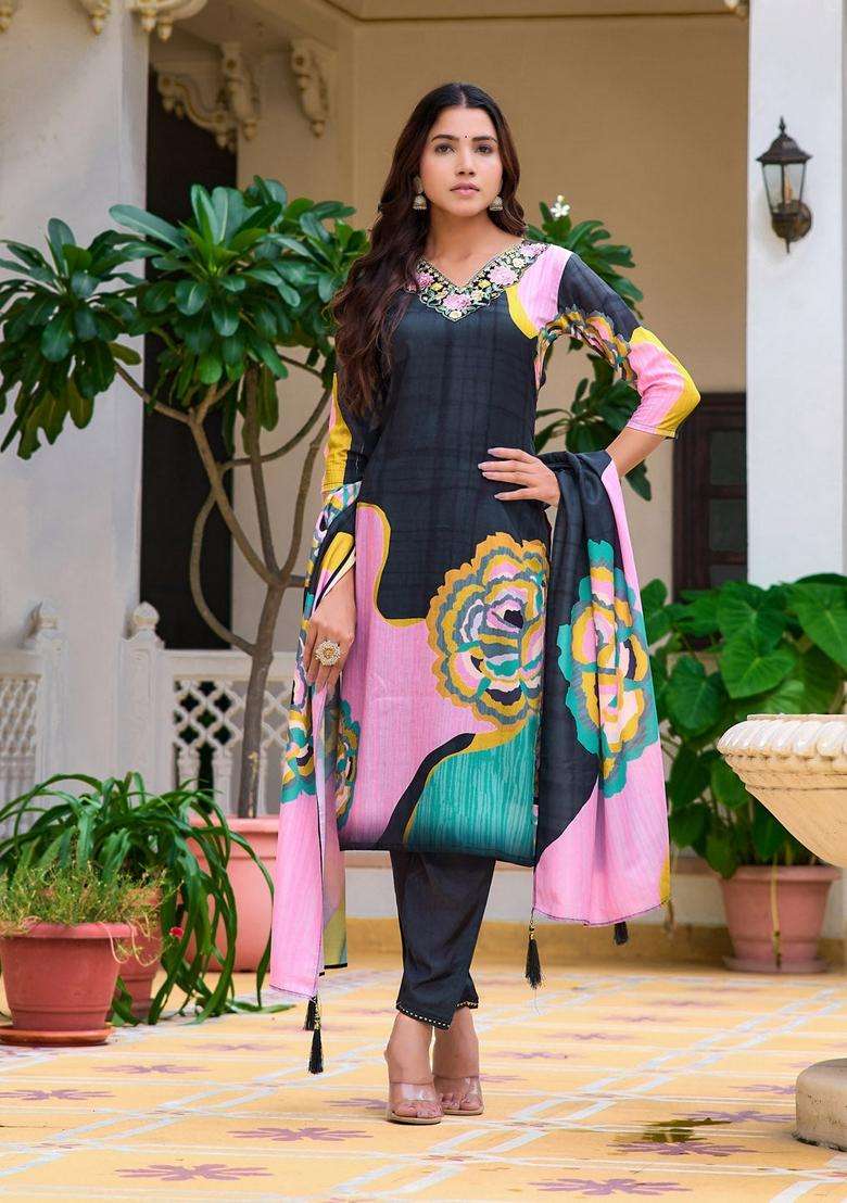 Lavender Printed Cotton Straight Kurta Set - Indya