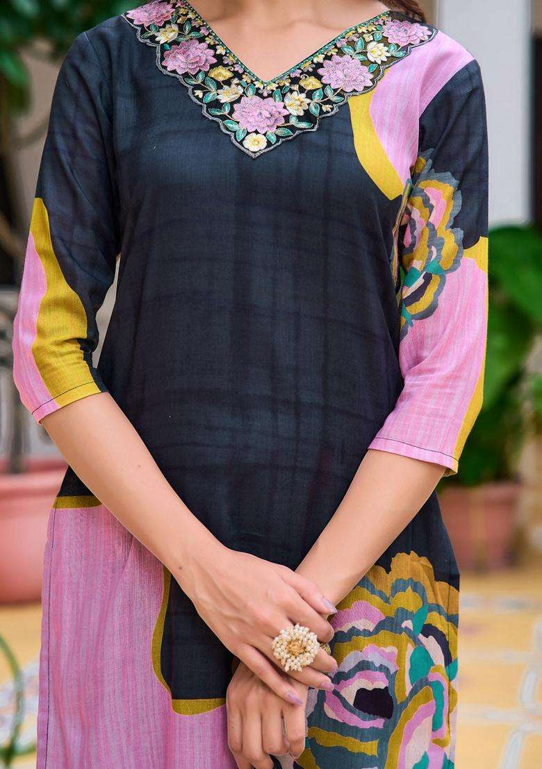 Lavender Printed Cotton Straight Kurta Set - Indya
