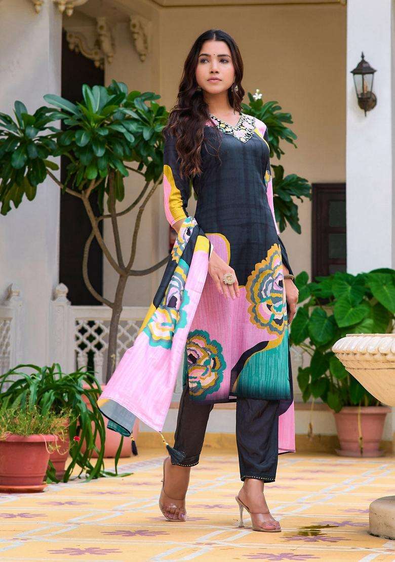 Lavender Printed Cotton Straight Kurta Set - Indya