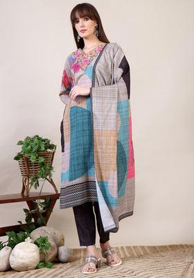 Multicolor Embroidery Cotton Kurta Set