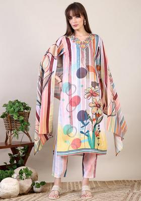 Multicolor Embroidery Cotton Kurta Set