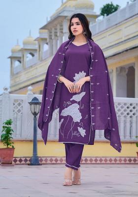 Purple Embroidery Chanderi Kurta Set