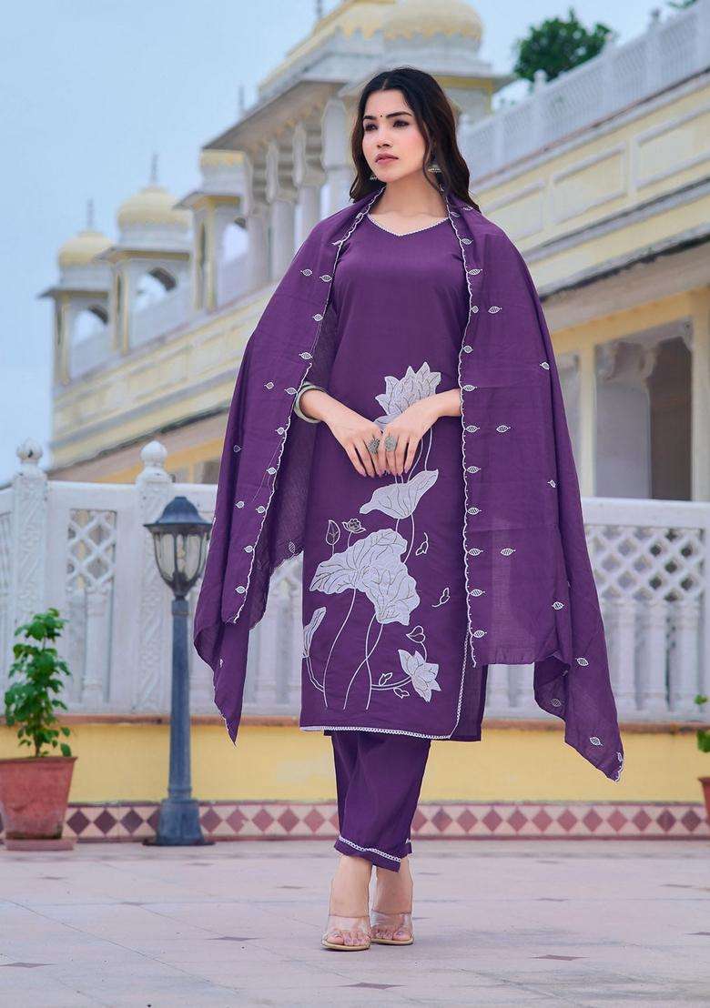Purple Embroidered Chanderi Straight Kurta Set - Indya