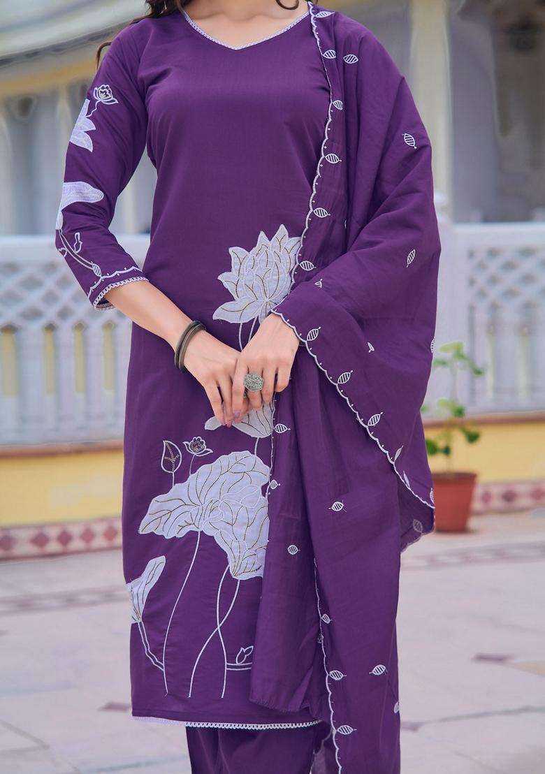 Purple Embroidered Chanderi Straight Kurta Set - Indya