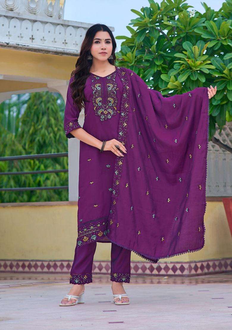 Purple Embroidered Chanderi Straight Kurta Set - Indya