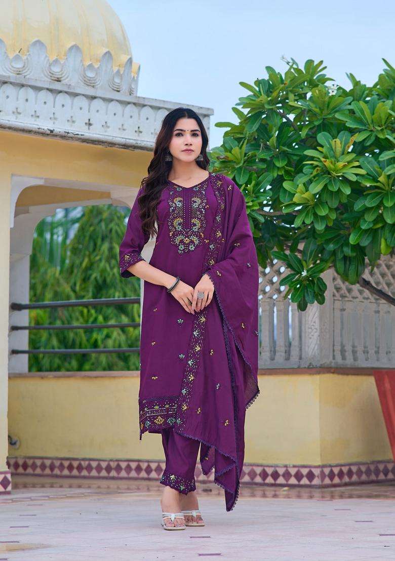 Purple Embroidered Chanderi Straight Kurta Set - Indya
