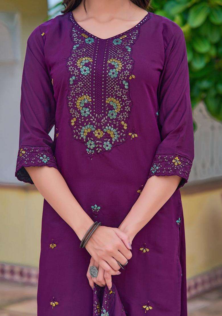 Purple Embroidered Chanderi Straight Kurta Set - Indya