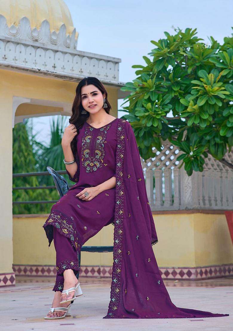 Purple Embroidered Chanderi Straight Kurta Set - Indya