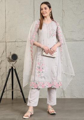 Grey Embroidery Chanderi Kurta Set