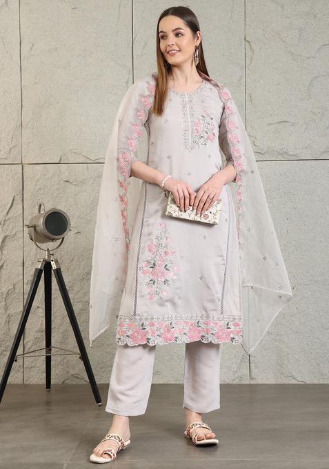 Grey Embroidery Chanderi Kurta Set