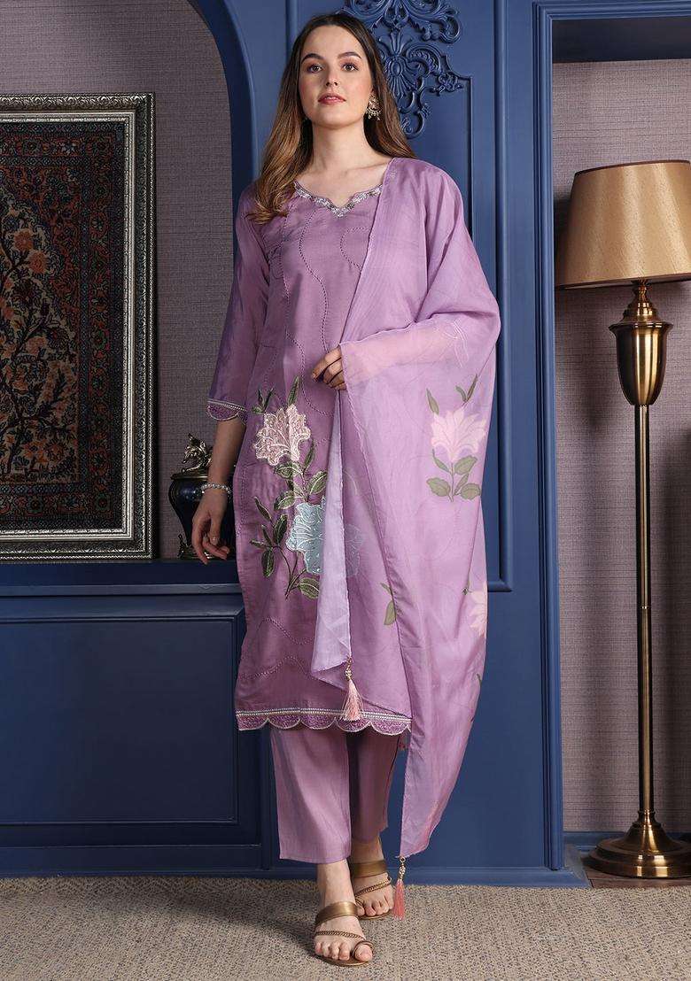 Lavender Embroidered Cotton Straight Kurta Set - Indya