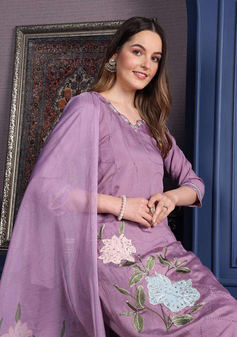 Lavender Embroidered Cotton Straight Kurta Set - Indya