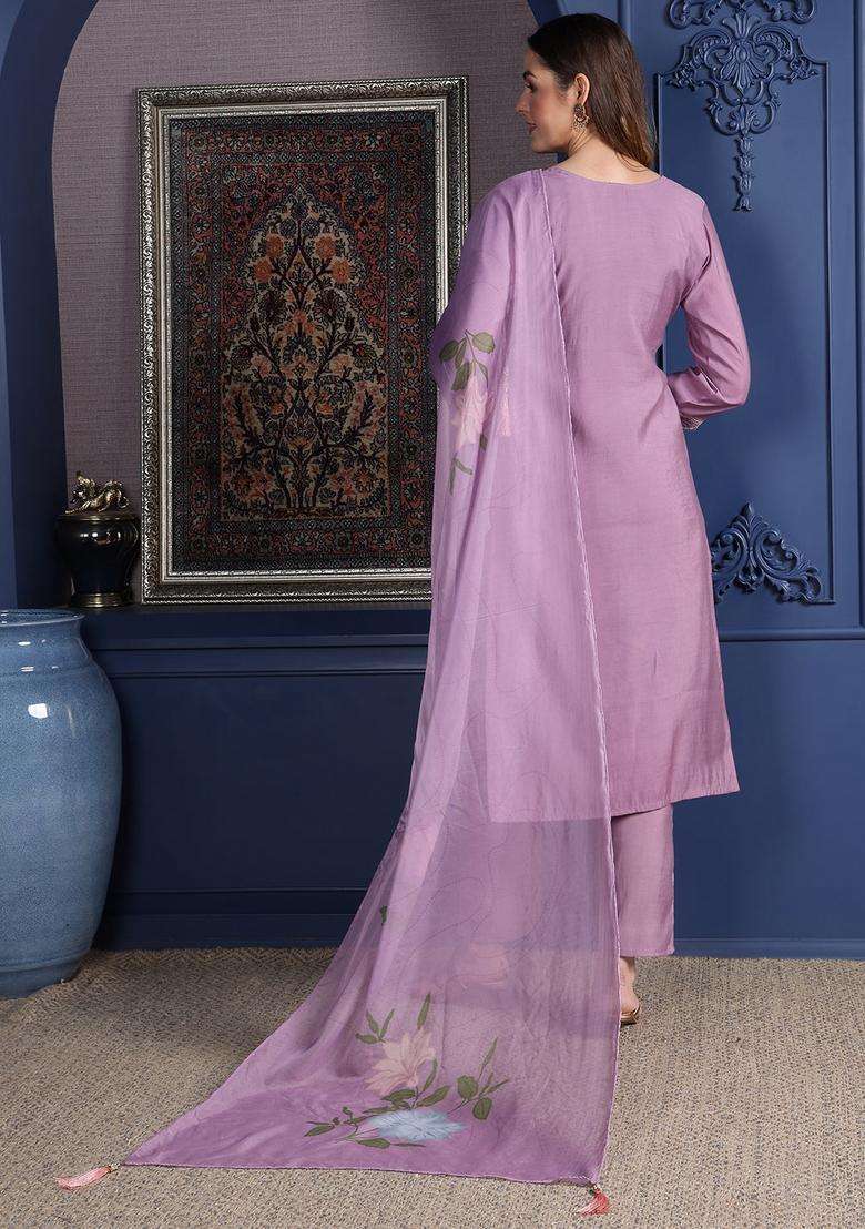 Lavender Embroidered Cotton Straight Kurta Set - Indya