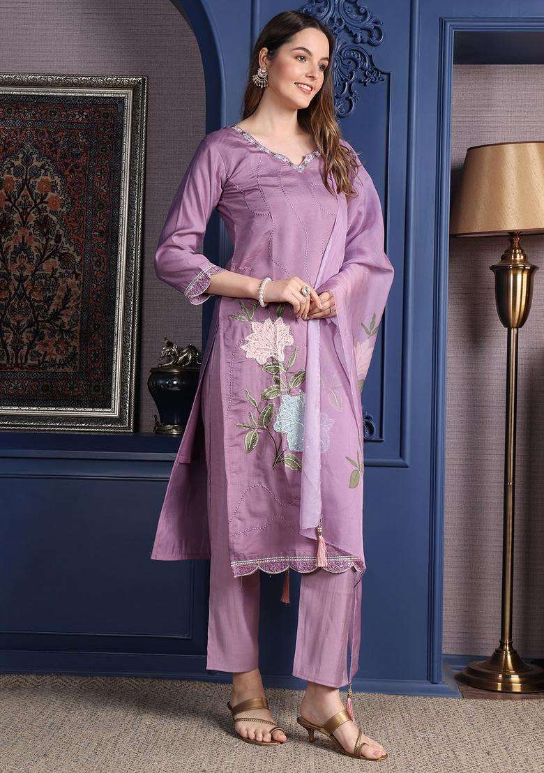 Lavender Embroidered Cotton Straight Kurta Set - Indya