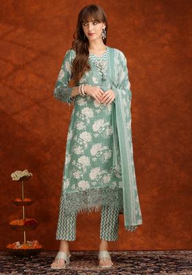 Green Embroidery Cotton Kurta Set