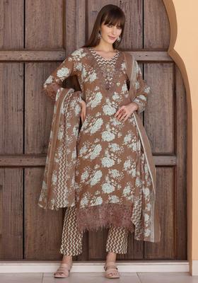 Brown Embroidery Cotton Kurta Set