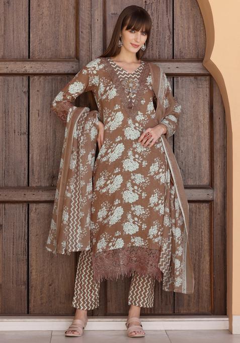 Brown Embroidery Cotton Kurta Set