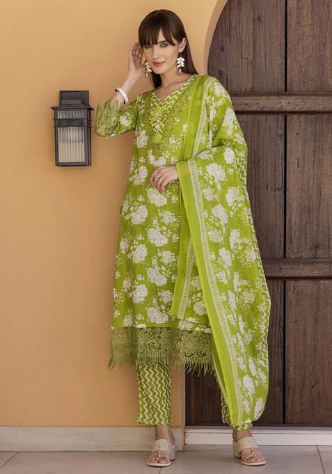 Green Embroidery Cotton Kurta Set