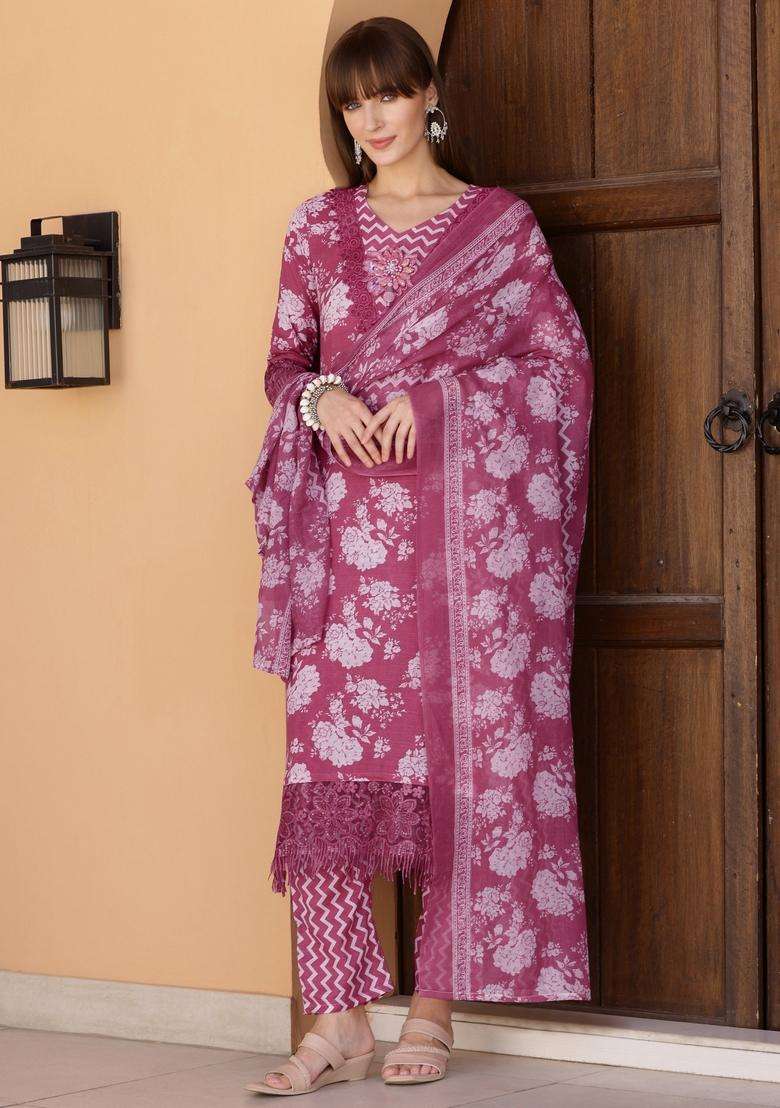 Purple Floral Print Cotton Straight Kurta Set - Indya