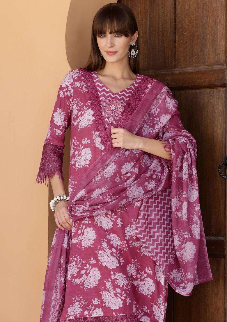 Purple Floral Print Cotton Straight Kurta Set - Indya