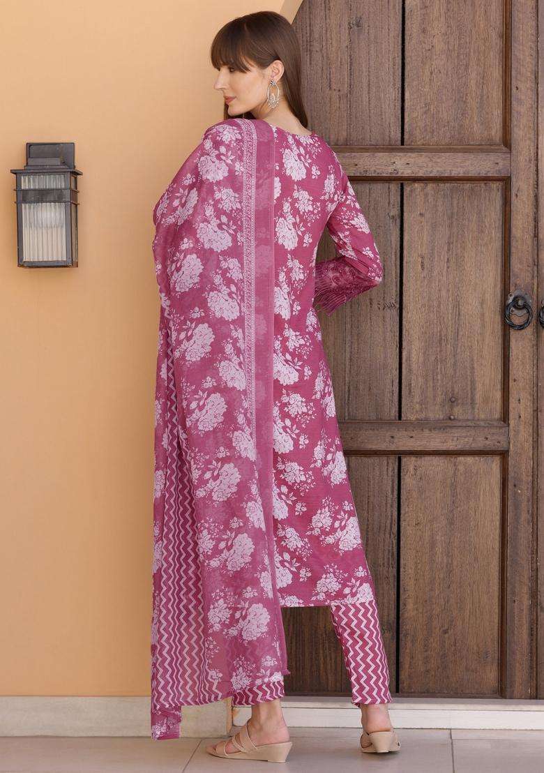 Purple Floral Print Cotton Straight Kurta Set - Indya