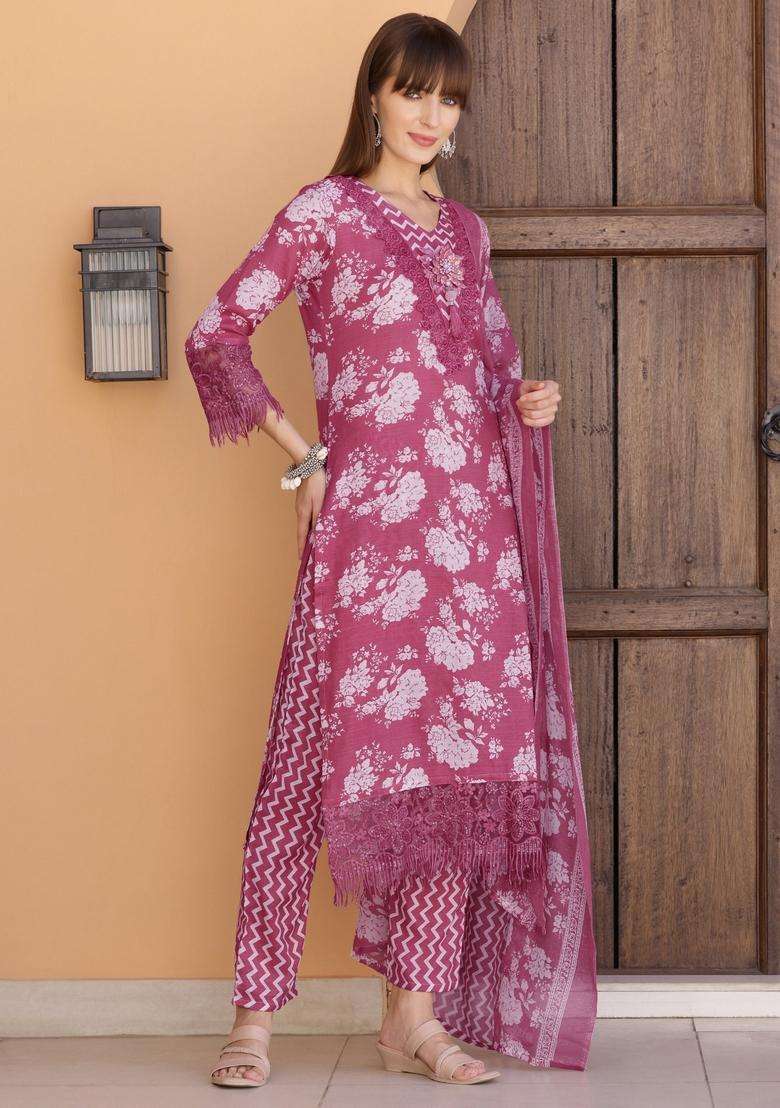 Purple Floral Print Cotton Straight Kurta Set - Indya