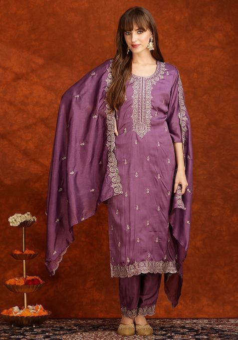 Lavender Embroidery Silk Kurta Set