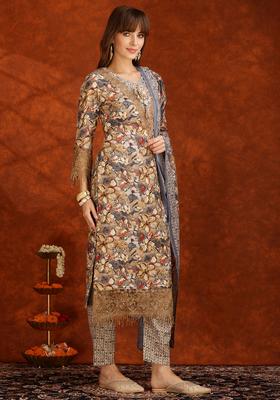 Brown Embroidery Cotton Kurta Set