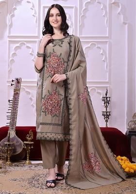 Taupe Embroidery Chanderi Kurta Set