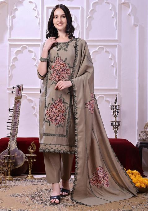 Taupe Embroidery Chanderi Kurta Set