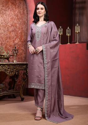 Mauve Embroidery Chanderi Kurta Set