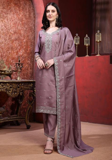 Mauve Embroidery Chanderi Kurta Set