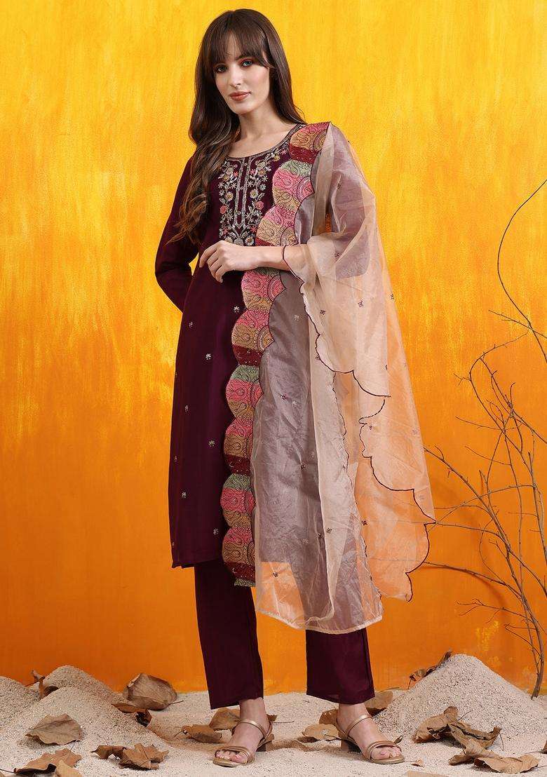 Purple Embroidered Chanderi Straight Kurta Set - Indya