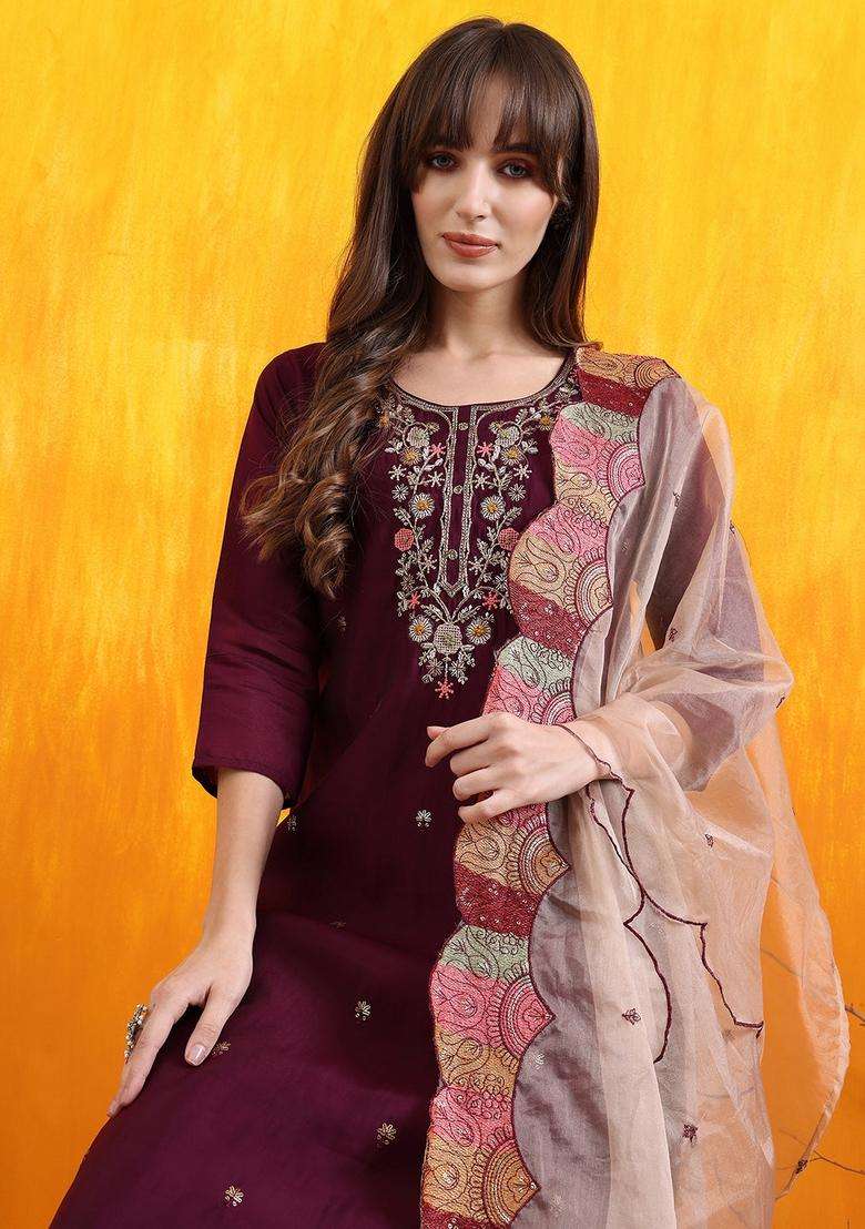 Purple Embroidered Chanderi Straight Kurta Set - Indya
